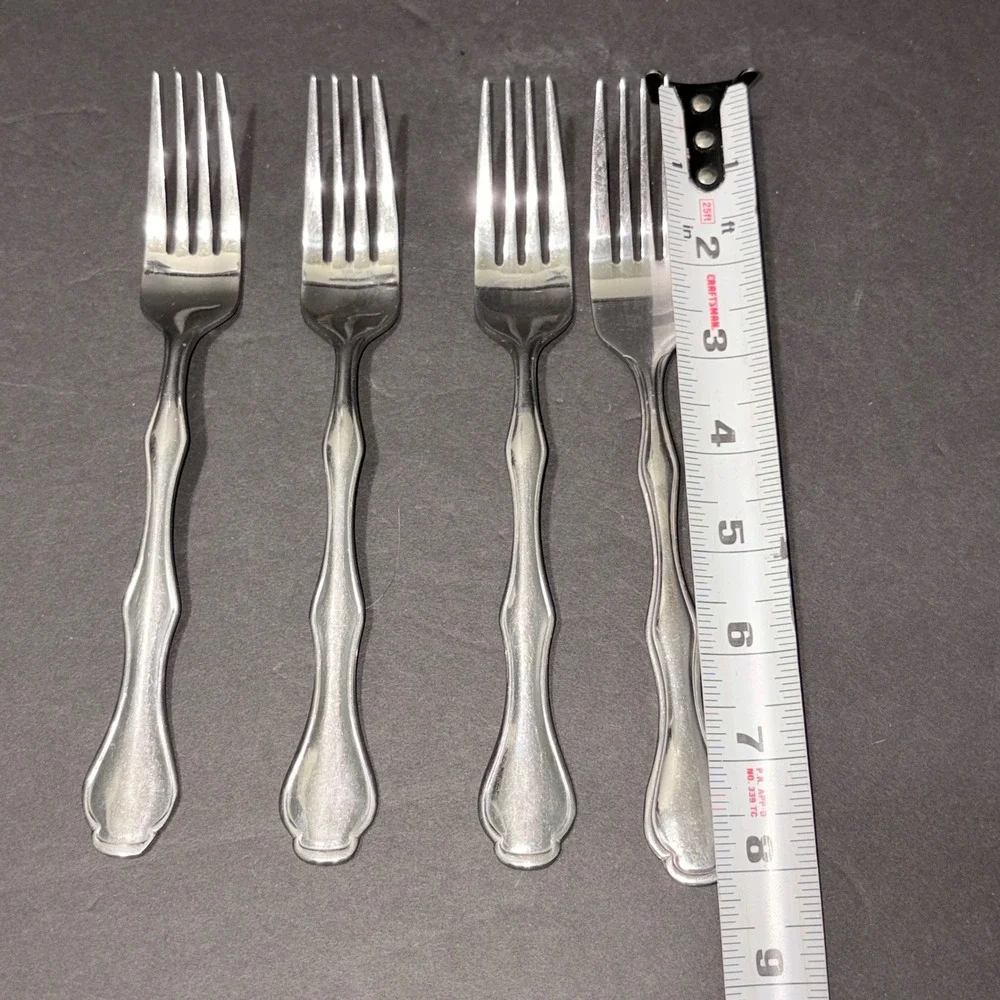 Set of 4 Stainless Steel Dinner Forks Silver Fiddle Handle Scroll Detail 8